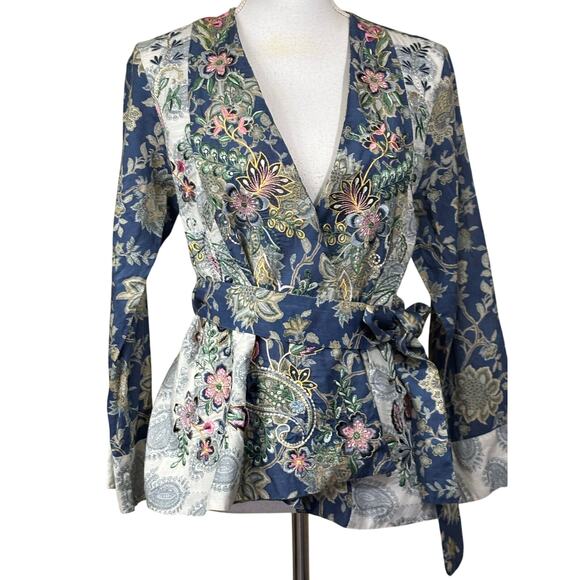 ETHNC blue/gray kimono wrap top, statement, global, romantic, artisan, statement - Picture 1 of 6